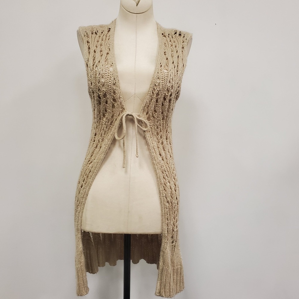 Its Our Time Y2K Tie Front Open Tan Knit Top Size S Fairy Grunge Festival Boho